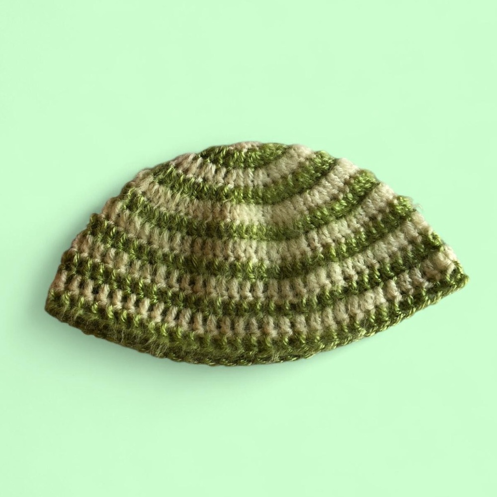 crochet fuzzy lime green and cream striped skull cap beanie HANDMADE